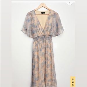 Lulu’s Subtle Romance Beige Floral Print Ruffled Midi Dress